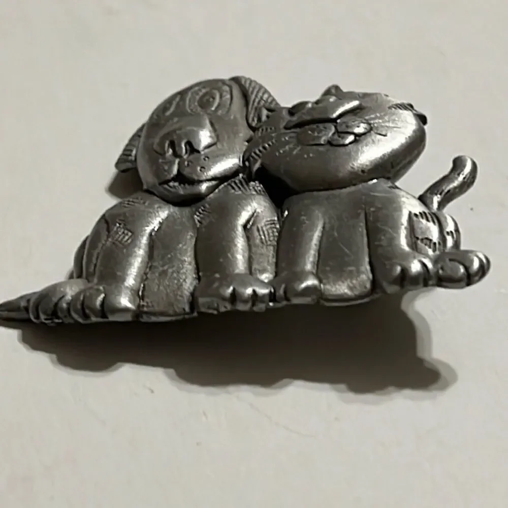Vintage J.J. Pewter Dog and Cat Brooch